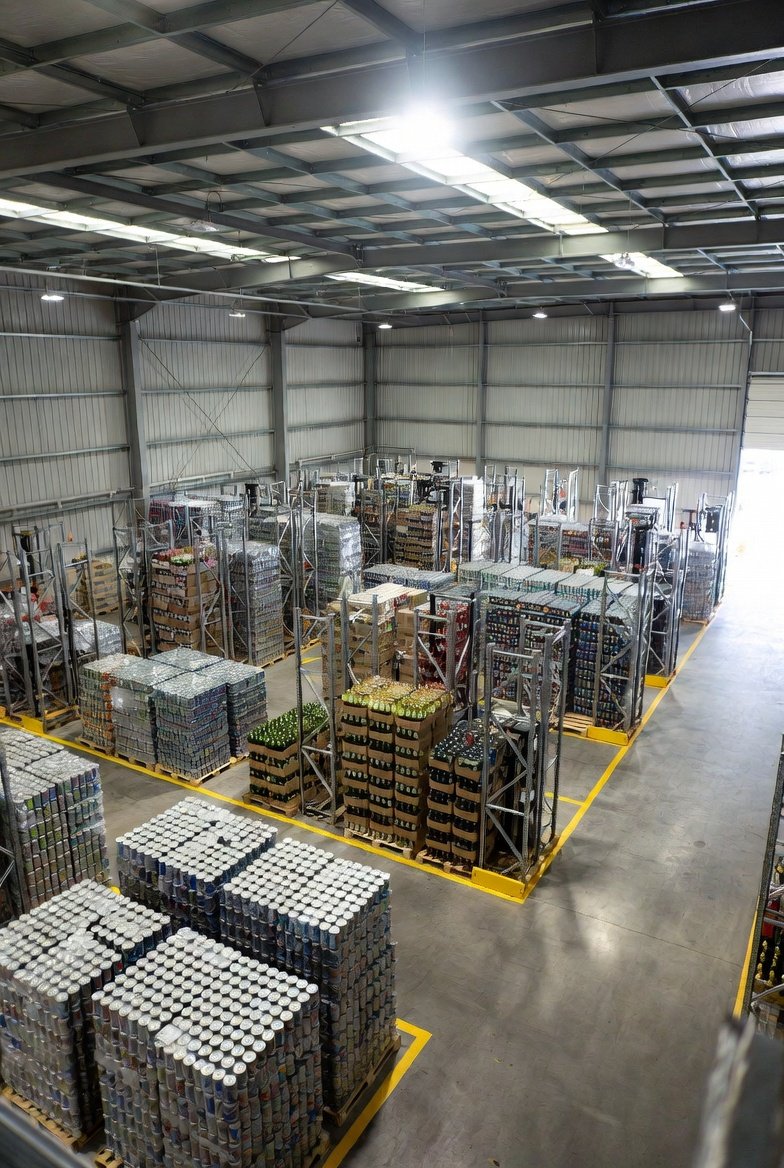 Modern beer warehouse storage facility with organized pallet racking systems