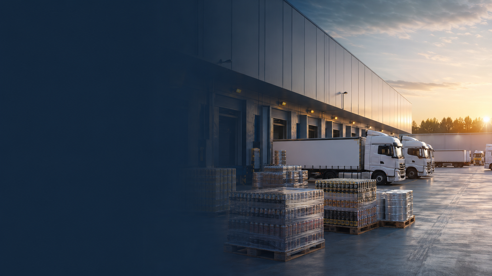 Beer wholesale by country logistics with palletised stock and European freight trucks