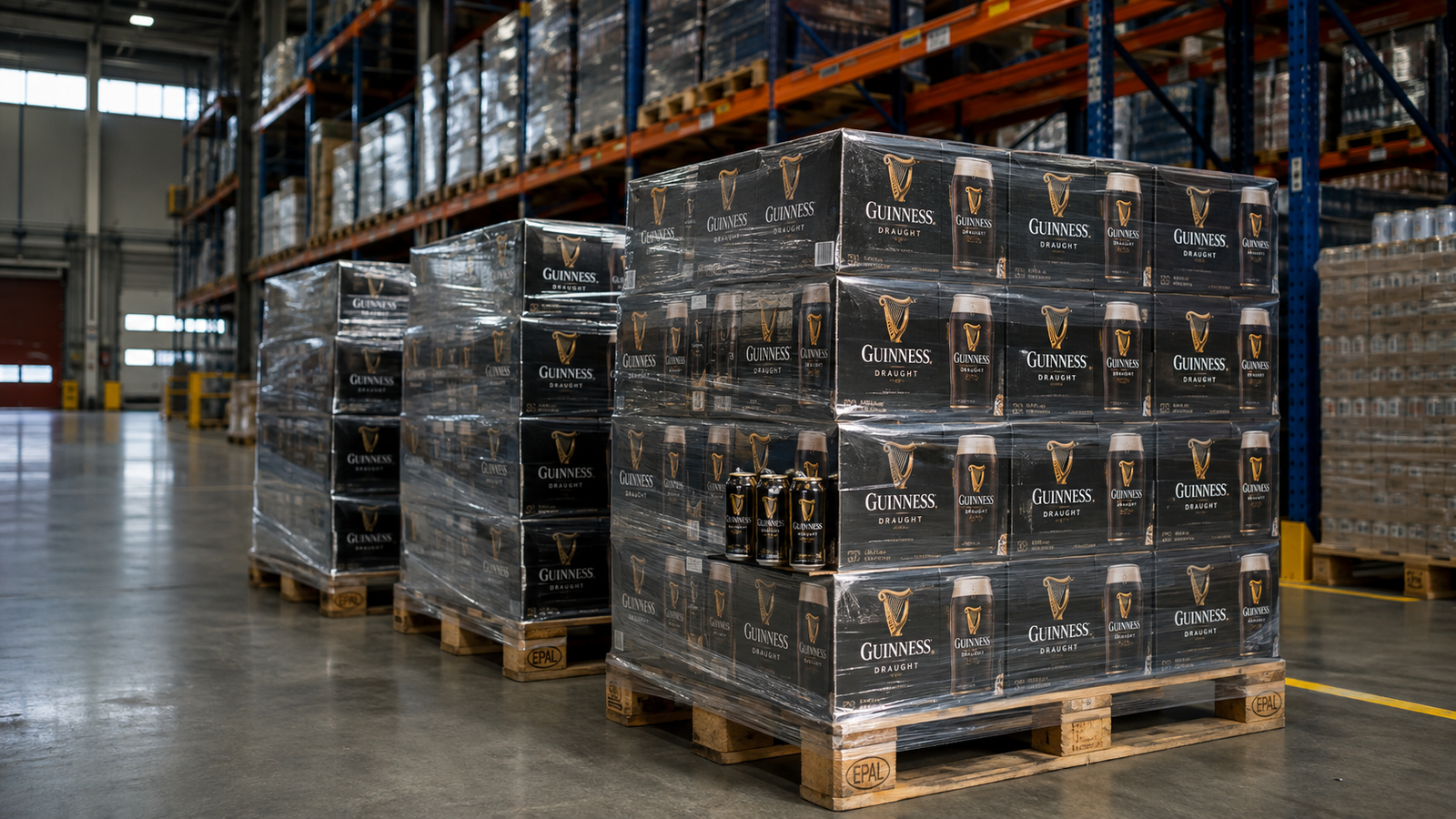 Guinness beer wholesale pallets in a European warehouse